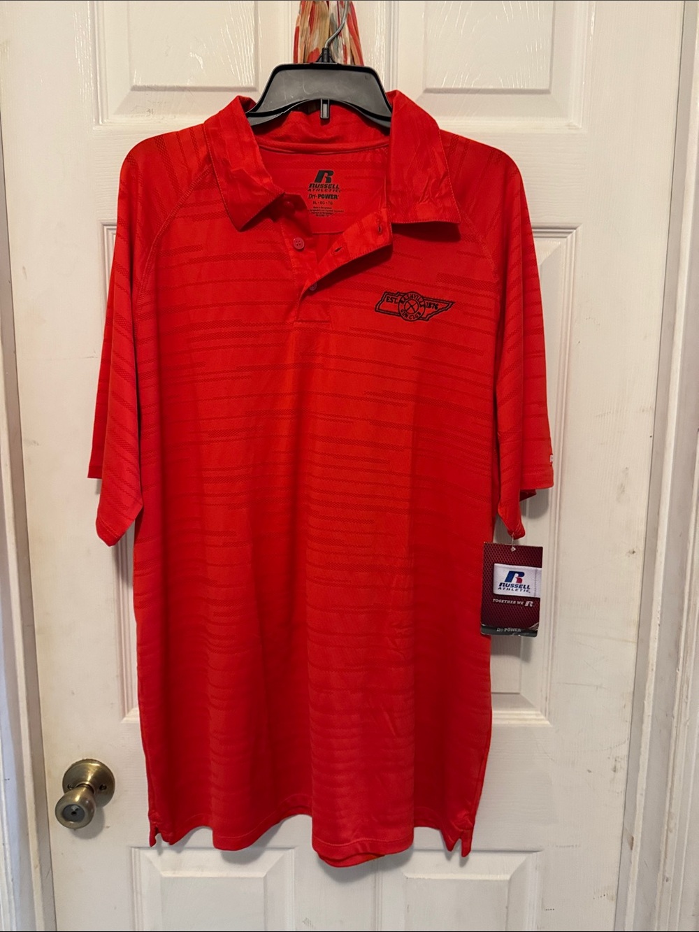 Russell Athletic Men's Bright Red Polo Subtle Stripe Texture Nashville Gun club